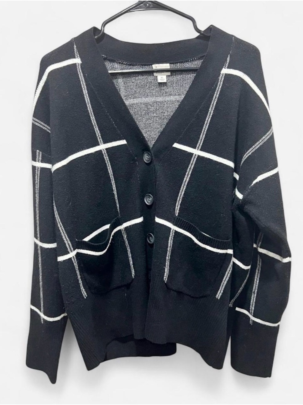 a new day Black Windowpane V-Neck Button Cardigan